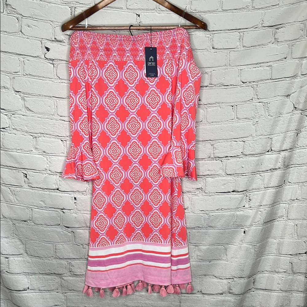 Cabana Life Coral Orange Pink Geo Coverluxe Smocked Tassel Dress Size Large